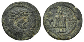 Lydia, Akrasos. Civic Issue. Severan era, A.D. 193-211. Æ (15mm, 2.07 g). Head of Herakles right / AKPA-CIΩTΩN, Telesphoros standing facing, wearing h...