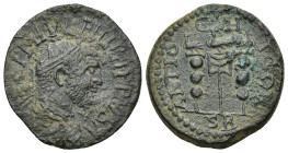Pisidia, Antiochia. Philip I. A.D. 244-249. AE (10 Gr. 25mm.)
 Radiate, draped and cuirassed bust of Philip I right, seen from behind 
Rev. three stan...