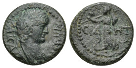 PAMPHYLIA, Side. Nero. AD 54-68. AE. (4.4 Gr. 18mm.) 
Bare-headed and draped bust right 
Rev. Athena standing left, holding spear and shield; pomegran...