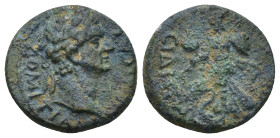 Pamphylia, Side. Domitian. As Caesar, A.D. 69-81. AE (3.73 Gr. 17mm). 
Laureate head right 
Rev. Athena advancing left, holding spear and shield; pome...