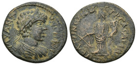 PHRYGIA Peltae. Caracalla (198-217). AE. (6.17 Gr. 23mm.)
Radiate, draped and cuirassed bust right.
Rev. Tyche standing left, holding rudder and cornu...