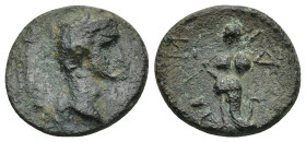 PAMPHYLIA. Side. Antoninus Pius (138-161). AE. (3.53 Gr. 18mm.)
 Laureate head right. 
Rev. Athena advancing left over serpent, holding pomegranate an...