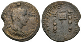 Pisidia, Antiochia. Philip I. A.D. 244-249. AE (8.6 Gr. 26mm). 
Radiate, draped and cuirassed bust of Philip I right, seen from behind 
Rev. Three sta...