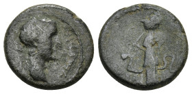 PAMPHYLIA, Side. Trajan. (?) AD 98-117. AE (3.28 19mm.)
Laureate head right 
Rev. Athena standing left, holding Nike and sceptre, prow before, shield ...
