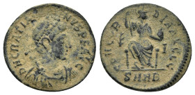 Gratian Æ Nummus. (18mm, 2.03 g) Nicomedia, AD 378 - 383. D N GRATIANVS P F AVG, pearl-diademed, draped and cuirassed bust right / CONCORDIA AVGGG, Ro...