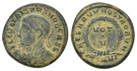 Crispus (Caesar, 316-326). Æ Follis (18mm, 3.44 g). Thessalonica, 320-1. Laureate, draped and cuirassed bust l. R/ VOT V within wreath; TSΔVI.