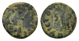 Honorius (?), 393-423. Ae (bronze, 1.13 g, 10mm), Rome. D N HON[ORI - VS P F AVG] Pearl-diademed, draped, cuirassed bust right. Rev. Victory advancing...