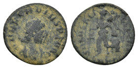 Arcadius, 383 – 408 Æ Cyzicus, 388-392, (13mm, 0.93 g). DN ARCADIVS P F AVG Pearl-diademed and draped bust r. Rev. SALVS REI – PVBLICAE Victory advanc...
