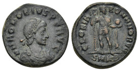 Honorius. AD 393-423. Æ Follis (19mm, 5.58 g) DN HONORIVS PF AVG. Pearl-diademed, draped and cuirassed bust right. / GLORIA ROMANORVM / SMKB. Honorius...