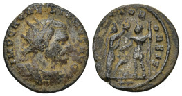 Aurelian. AD 270-275. Æ Antoninianus.(19mm, 3.27 g) IMP C AVRELIANVS AVG, Radiate and cuirassed bust right. / RESTITVTOR ORBIS, woman standing right, ...