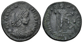 Theodosius I. AD 379-395. Æ (22mm, 5.54 g). Struck AD 383-388. Pearl-diademed, draped, and cuirassed bust right / Emperor standing right, holding sign...
