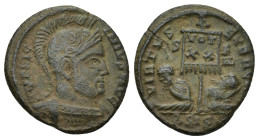Constantine I. AD 307/310-337. Æ Follis (18mm, 2.71 g). Siscia mint, 1st officina. Struck AD 320. Helmeted and cuirassed bust right / Vexillum inscrib...