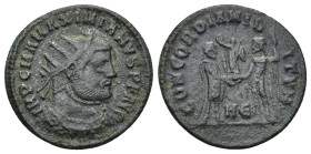 Maximianus Herculius AD 286-305. Heraclea Antoninianus Æ (21mm, 2.85 g). IMP C M A MAXIMIANVS PF AVG, radiate, cuirassed bust right / CONCORDIA MILITV...