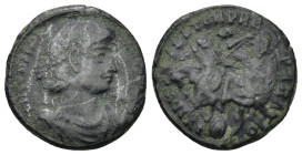 Constantius II. A.D. 337-361. Æ centenionalis (19mm, 4.54 g). Antioch mint, Struck A.D. 350-355. D N CONSTANTIVS P F AVG, pearl-diademed, draped and c...