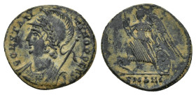 City Commemorative Æ Nummus. (15mm, 1.64 g) Antioch, AD 330-335. CONSTAN-TINOPOLIS, laureate and helmeted bust of Constantinopolis left, holding rever...