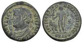 Licinius II as Caesar Æ Nummus. (18mm, 3.21 g) Antioch, AD 317-320. IMP LICINIVS AVG, laureate and draped bust left, holding mappa, globe and sceptre ...