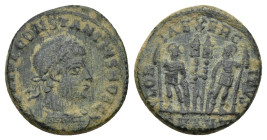 Constantius II (337-347), Follis , Antiochia , AE (16mm, 2.8 g), FL IVL CONSTANTIVS NOB C, laureate cuirassed bust right, GLORIA EXERCITVS, two soldie...