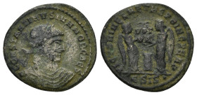 Constantine II. As Caesar, A.D. 317-337. Æ follis (19mm, 2.48 g). Siscia, under Constantine I, A.D. 319. CONSTANTINVS IVN NOB CAES, laureate, draped a...