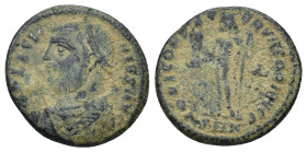Licinius I. AD 308-324. Æ Follis (18mm, 3.34 g). Cyzicus mint, 4th officina. Struck AD 317-320. Laureate and draped bust left, holding mappa, globe, a...