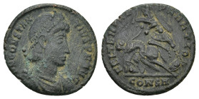 Constantius II (337-361). Æ (17mm, 2.06 g). Constantinople, 351-5. Pearl-diademed, draped and cuirassed bust r.; Δ behind. R/ Soldier standing l., spe...
