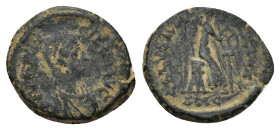 Aelia Flacilla AD 383-386. Follis Æ (14mm, 1.39 g). Diademed and draped bust right, being crowned by the hand of God above / SALVS REIPVBLICAE, Victor...