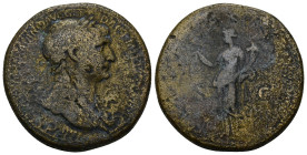 Trajan, AD 98-117. AE Sestertius (25.68 Gr. 32mm.) Rome 
 Laureate and draped bust of Trajan right. 
Rev. Felicitas (Happiness) standing left, holding...