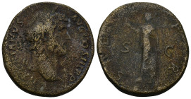 Hadrian, 117-138. Sestertius (25.27 Gr. 31mm.), Rome 
 Laureate bust of Hadrian to right. 
Rev. Diana standing left, holding arrow in her right hand a...