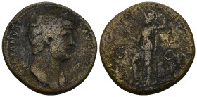 Hadrian (117-138) AE Sestertius. (23.76 Gr. 33mm.) Rome
Laureate bust right, with drapery on far shoulder 
Rev. Virtus standing left, holding parazoni...
