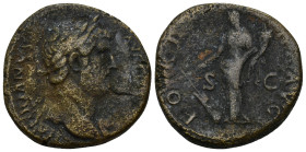 Hadrian AD 117-138. AE Sestertius (26.14 Gr. 30mm.). Rome 
Laureate bust right 
Rev. Fortuna standing left, holding rudder on globe in right hand and ...