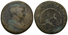 Trajan 98 – 117. AE. Sestertius (24.3 Gr. 32mm.)
 Laureate bust right, with drapery on left. shoulder.
 Rev. River god, holding reed and reclining lef...