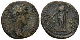 Hadrian. AD 117-138. AE As (10.46 Gr. 25mm). Rome 
 Laureate and draped bust right 
Rev. Providentia standing left, holding scepter and pointing with ...