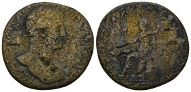 Hadrian (AD 117-138). AE Sestertius (21 Gr. 33mm.) Rome 
Laureate bust of Hadrian right, drapery on left shoulder 
Rev. Roma seated left on cuirass, V...