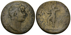 Hadrian (117-138) AE Sestertius. (24 Gr. 32mm.) Rome.
Laureate bust right, with drapery on far shoulder 
Rev. Virtus standing left, holding parazonium...