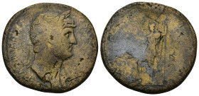 Hadrian (117-138) AE Sestertius. (24 Gr. 33mm.) Rome.
Laureate bust right, with drapery on far shoulder 
Rev. Virtus standing left, holding parazonium...