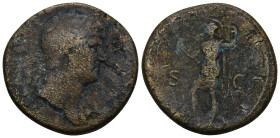 Hadrian (117-138) AE Sestertius. (23.36 Gr. 33mm.) Rome.
Laureate bust right, with drapery on far shoulder 
Rev. Virtus standing left, holding parazon...