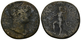Hadrian (117-138) AE Sestertius. (23.76 Gr. 32mm.) Rome.
Laureate bust right, with drapery on far shoulder 
Rev. Virtus standing left, holding parazon...