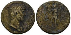 Hadrian (117-138) AE Sestertius. (27 Gr. 33mm.) Rome.
Laureate bust right, with drapery on far shoulder 
Rev. Virtus standing left, holding parazonium...