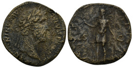 Antoninus Pius, 138 - 161 AD AE Sestertius (19.15 Gr. 15mm) Rome 
 Laureate head of Antoninus right. 
Rev. Antoninus standing left in military dress w...