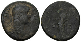 Hadrian (117-138) AE Sestertius. (27.55 Gr. 32mm.) Rome
Laureate bust right, drapery on left shoulder 
Rev. Felicitas standing left, holding caduceus ...