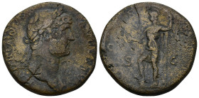 Hadrian (117-138) AE Sestertius. (21.16 Gr. 31mm.) Rome.
Laureate bust right, with drapery on far shoulder 
Rev. Virtus standing left, holding parazon...