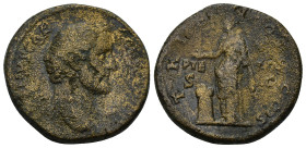 Antoninus Pius, as Caesar (AD 138-161). AE Dupondius (14.22 Gr. 25mm.) 
 Bare head of Antoninus Pius right /
Rev. Pietas standing facing, head left, b...