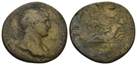 Trajan AD 98-117. AE As (9 Gr. 26mm) Rome
Laureate bust right, slight drapery 
Rev. Via Traiana reclining left, head right, resting elbow on rock, hol...