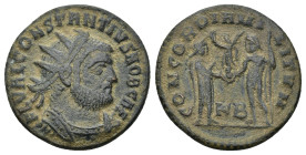Constantius I, as Caesar (295-299 AD). AE (3.46 Gr. 20mm.) Kyzikos 
Radiate, draped and cuirassed bust to right. 
Rev. Prince standing to right in mil...
