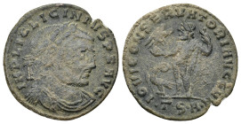Licinius I. A.D. 308-324. AE follis (2.88 Gr. 23mm.). Thessalonica 
Laureate head of Licinius right 
Rev. Jupiter, naked, standing facing, head left, ...