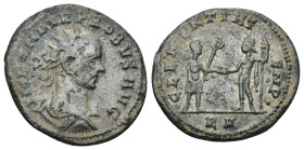 Probus. AD 276-282. AE. Antoninianus. (3.6 Gr. 23mm.)
Radiate, draped bust right. 
Rev. Emperor standing right, holding eagle-tipped sceptre, receivin...