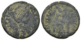 elia Flacilla AD 383-386. Follis AE. (5 Gr. 22mm.) Constantinople
 diademed and draped bust of Aelia Flacilla to right 
Rev. Victory seated right, ins...