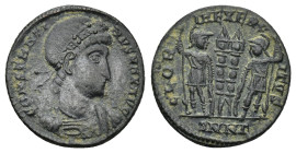 Constantine I (307/310-337). AE. Follis (2.06 Gr. 17mm). Nicomedia 
Rosette-diademed, draped and cuirassed bust right. 
Rev. Two soldiers flanking two...