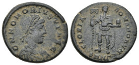 Honorius. AD 393-423. AE (5.32 Gr. 22mm). Nicomedia 
 Pearl-diademed, draped, and cuirassed bust right 
 Rev. Honorius standing facing, head right, ho...