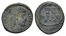 Constantius II. A.D. 337-361. AE (1.53 Gr. 13mm.). Constantinople
Rosette-diademed, draped and cuirassed bust of Constantius II right 
Rev. VOT XX MVL...