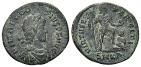 Theodosius I. A.D. 379-395. AE (5.5 Gr. 24mm.) Cyzicus 
Diademed, draped and cuirassed bust of Theodosius I right 
Rev, Theodosius in military garb st...